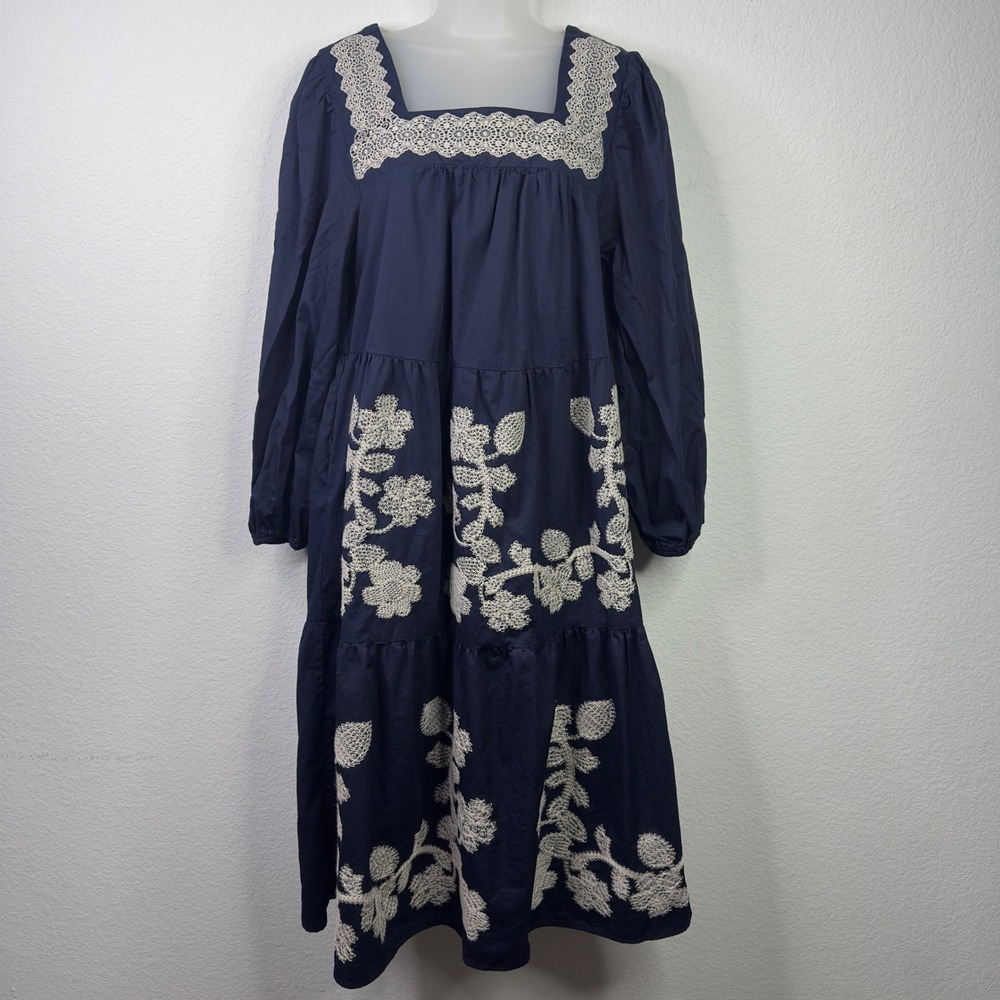 &Merci Dress‎ Womens L Navy Square Neck Tiered Embroidered Cottagecore Prairie
